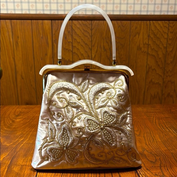 Charles S Kahn, Inc Handbag Vinyl Covered Satin W/Gold Thread Pearls & Diamonds - Picture 1 of 16